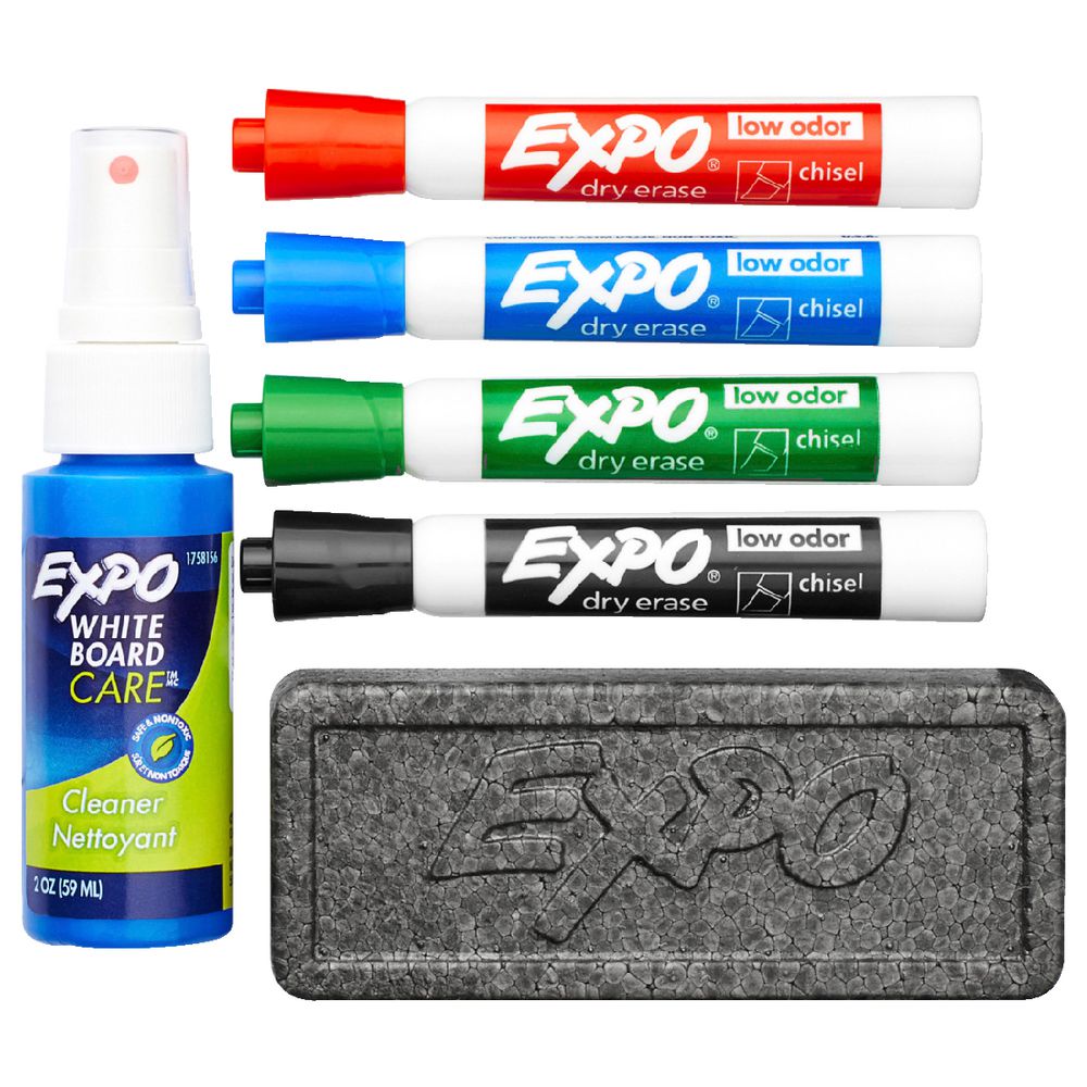 Expo Whiteboard Marker Starter Set – Chisel Tip (4 Markers + Accessories)