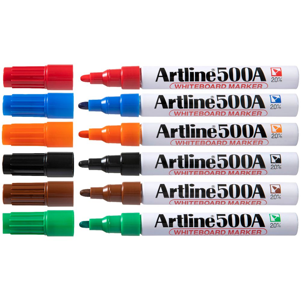 Artline 500A Whiteboard Markers – Bullet Tip, Assorted Colours (6 Pack)