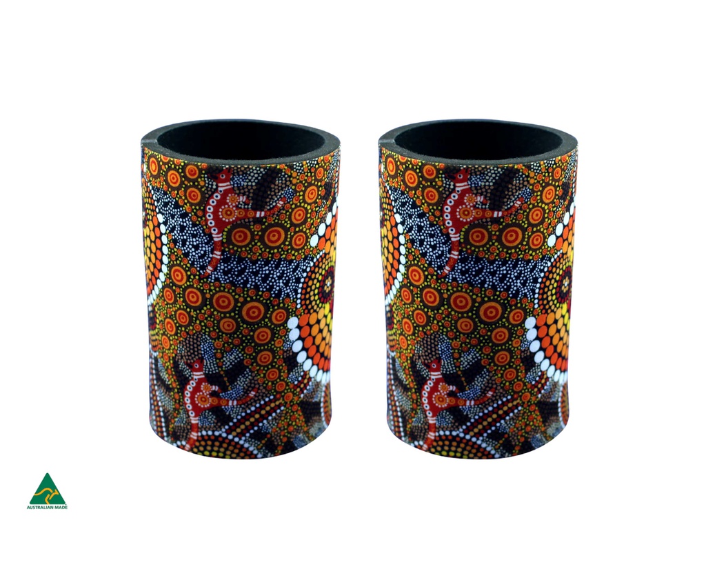 STUBBY COOLER X2 ABORIGINAL DESIGN - COLOURS OF THE LAND DESIGN - COLIN JONES