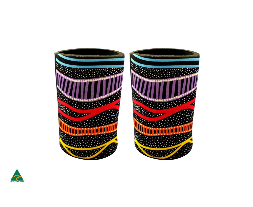 STUBBY COOLER X2 ABORIGINAL DESIGN - GUDHU GALBA (RAINBOW RIVER) DESIGN - JEDESS HUDSON