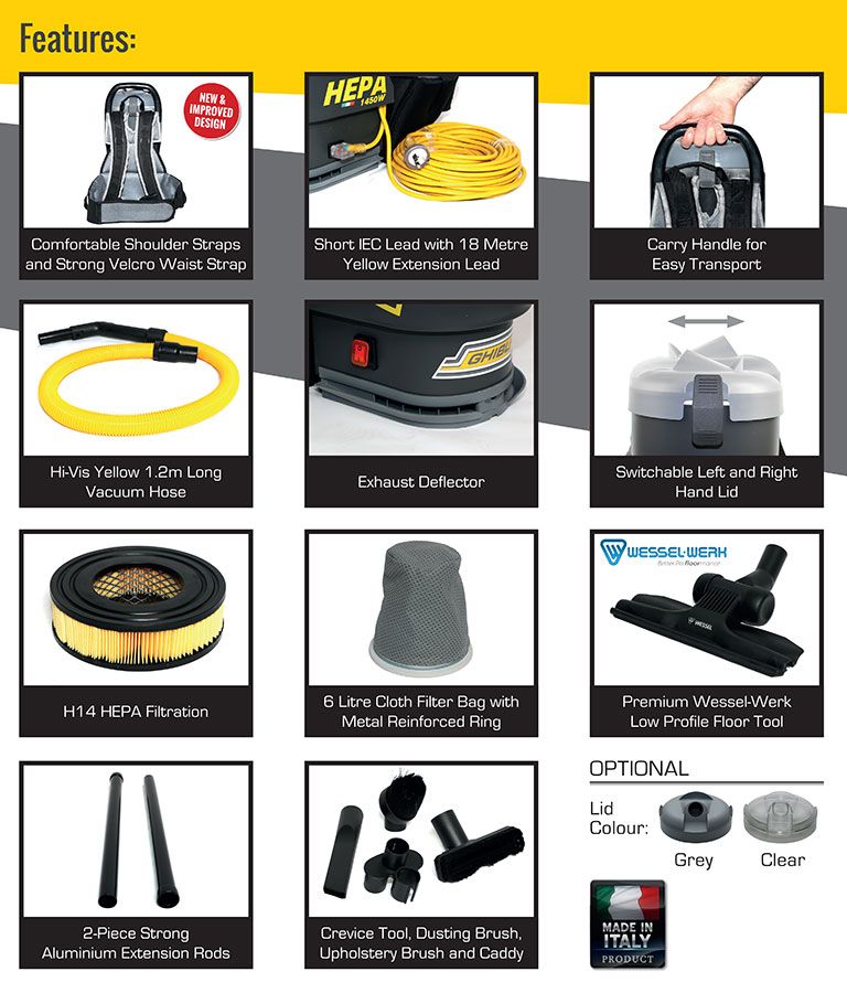 Cleanstar – Ghibli T1 Backpack Vacuum Cleaner - Version 3 - Black With Grey Lid (T1v3-B)