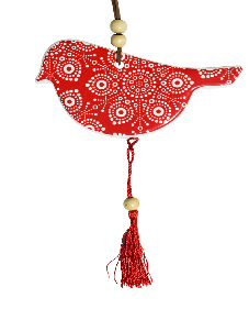 2X CERAMIC HANGING 12CM BIRD INDIGENOUS W/ TASSEL/HANGER ORNAMENT HOME DECOR RED