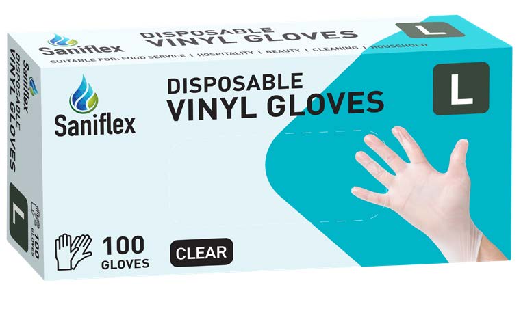 Saniflex Disposable Vinyl Gloves, Powder Free - Clear - 100 Pack ( Carton of 10 boxes )