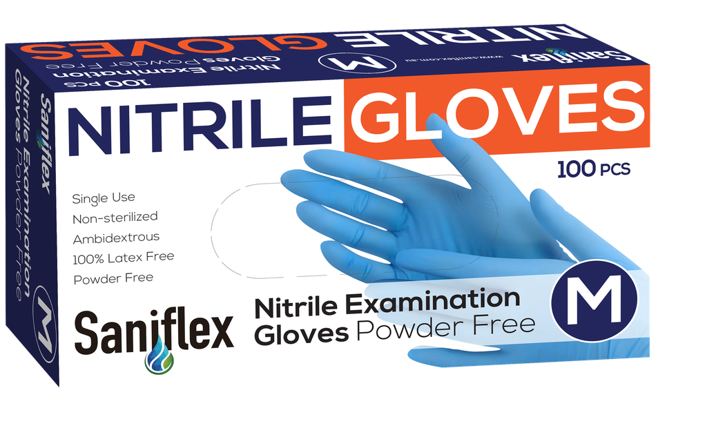 Saniflex Nitrile Gloves - Powder Free - Blue, 100 Pack (Carton of 10 boxes )