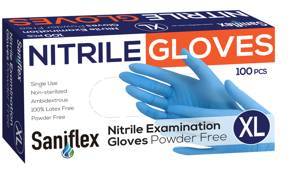 Saniflex Nitrile Gloves - Powder Free - Blue, 100 Pack (Carton of 10 boxes )