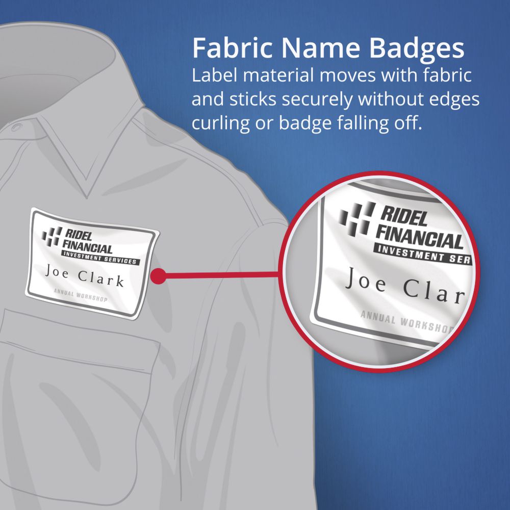 Avery Fabric Name Badge Labels – 88 × 52 mm, White (150 Labels / 15 Sheets)