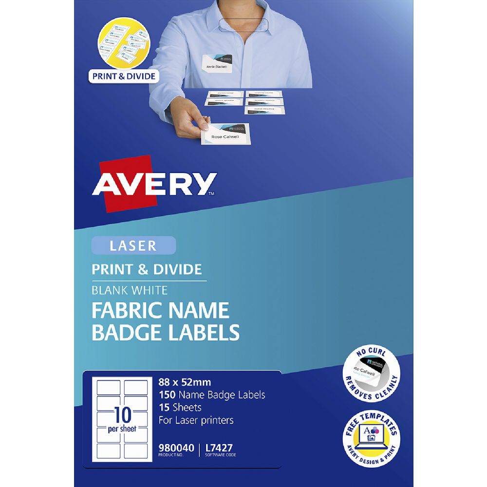 Avery Fabric Name Badge Labels – 88 × 52 mm, White (150 Labels / 15 Sheets)