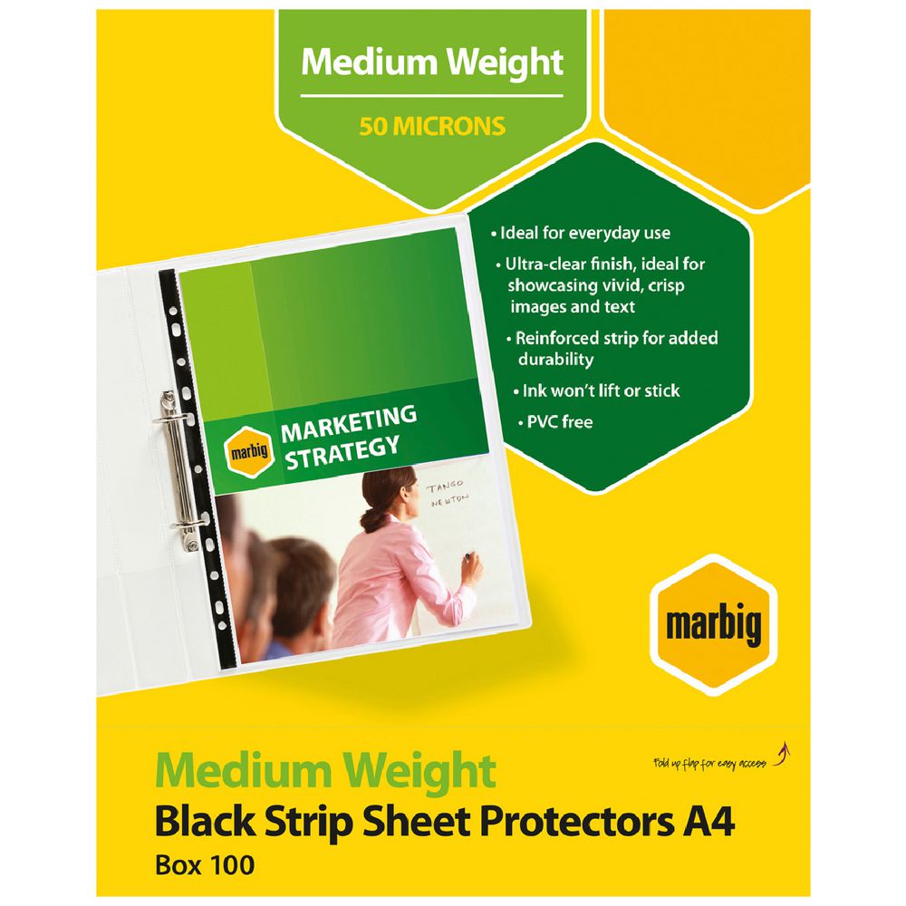 Marbig A4 Medium Weight Sheet Protectors with Black Edge – 100 Pack (AC25102)