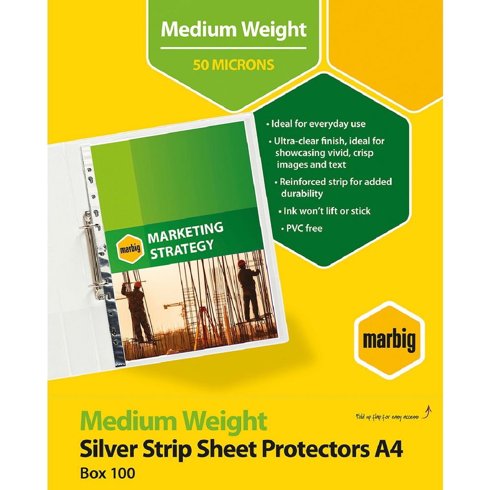 Marbig A4 Medium Weight Sheet Protectors with Silver Edge – 100 Pack (AC25101)