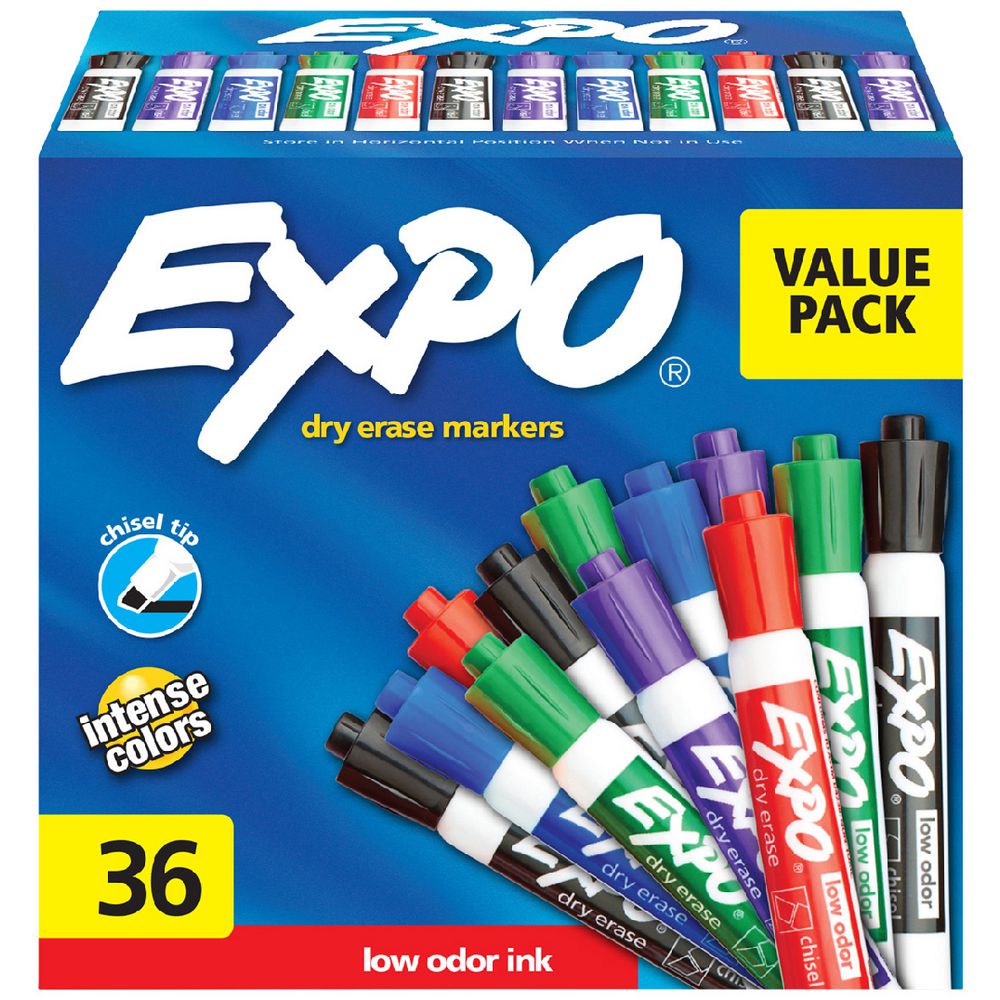 Expo Whiteboard Markers Chisel Tip – Assorted Colours (36 Pack)