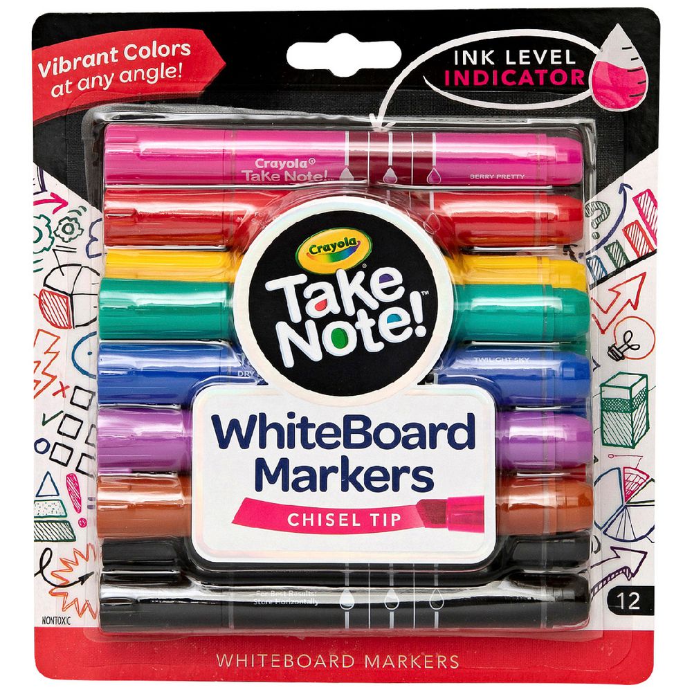 Crayola Take Note Whiteboard Markers – Chisel Tip, Assorted Colours (12 Pack)