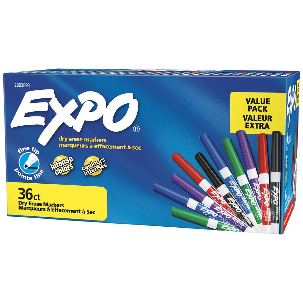 Expo Whiteboard Markers – Fine Bullet Tip, Assorted Colours (36 Pack)