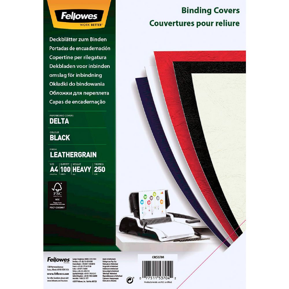 Fellowes A4 Leatherboard Binding Covers – Black (Pack of 100, Textured Finish)