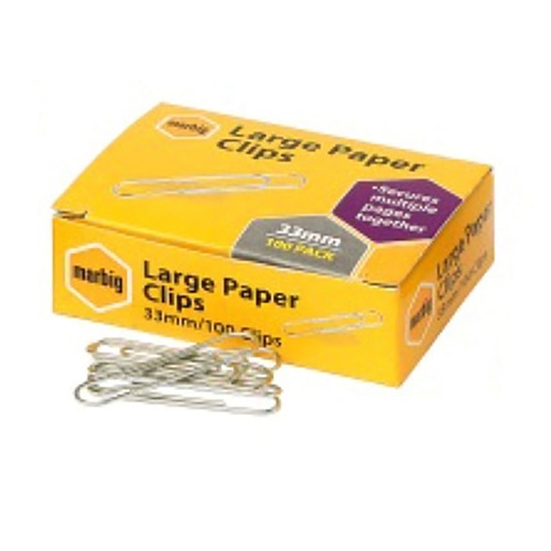 Marbig Paper Clips 33mm Large – Box of 100 (ShopBag)