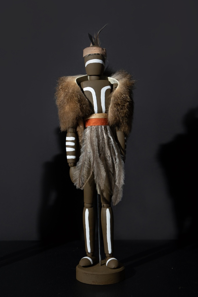 Nhuralama's Shop- Mallarr (man) manekin in cloak and ngurrin jidun (emu feathers) created by Traditional Owner Yuggara Artist Lakota Moon - Tulmur - Ipswich