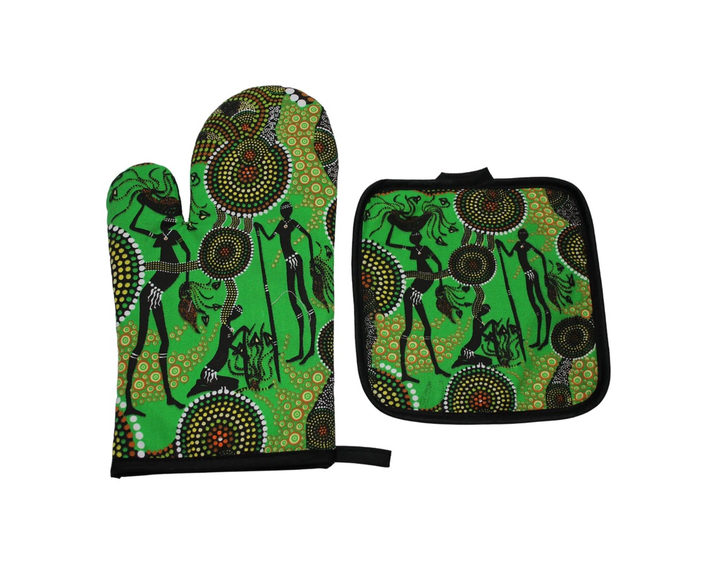 OVEN MITT AND POT HOLDER SET ABORIGINAL DESIGN - HUNTER &amp; GATHER RAIN FOREST - COLIN JONES