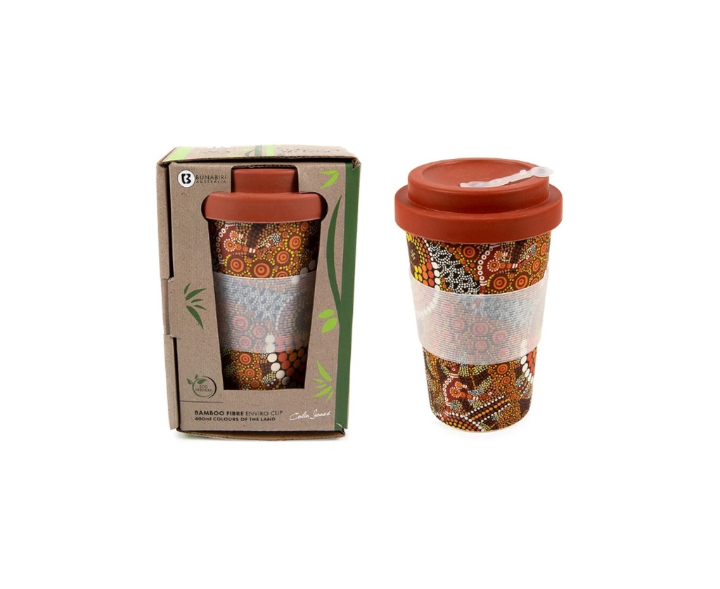 COFFEE CUP BAMBOO ABORIGINAL DESIGN - COLOURS OF THE LAND DESIGN - COLIN JONES