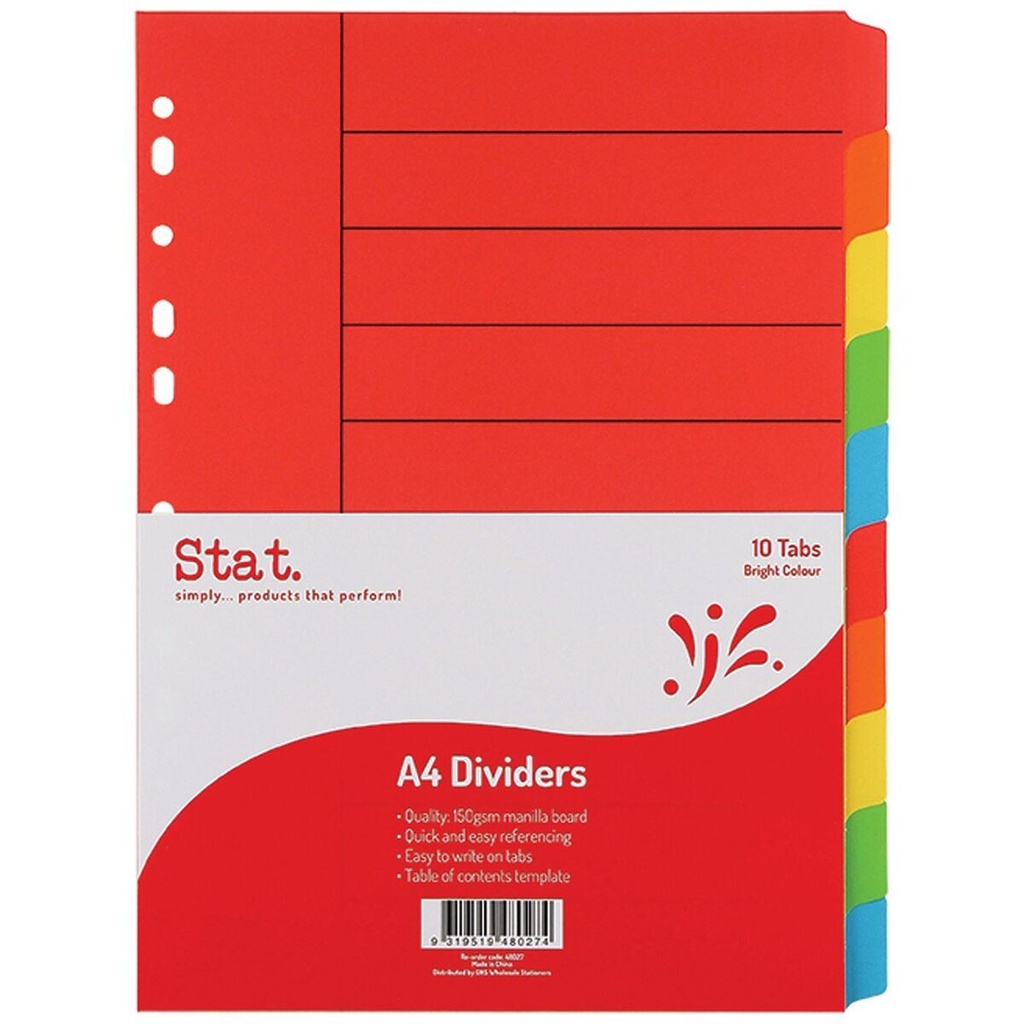 Stat A4 Manilla Dividers – 10 Tab Bright Assorted