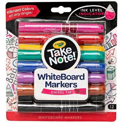 [CR586545AS] Crayola Take Note Whiteboard Markers – Chisel Tip, Assorted Colours (12 Pack)
