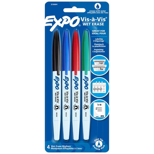 [EX2134341] Expo Vis-a-Vis Whiteboard Markers – Fine Tip (Assorted Colours, 4 Pack)