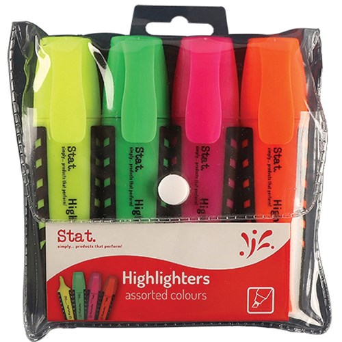 Stat Highlighter Chisel 2-5mm Tip Rubberised Grip Assorted (Wallet of 4)