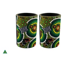 [CH_0194] STUBBY COOLER X2 ABORIGINAL DESIGN - COLOURS OF THE RAINFOREST DESIGN - COLIN JONES