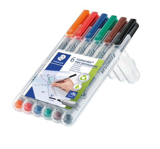 [12970] Staedtler 315 Lumocolor® Non‑Permanent Marker – Medium Bullet Tip (1 mm), Pack of 6 (Assorted Colours)
