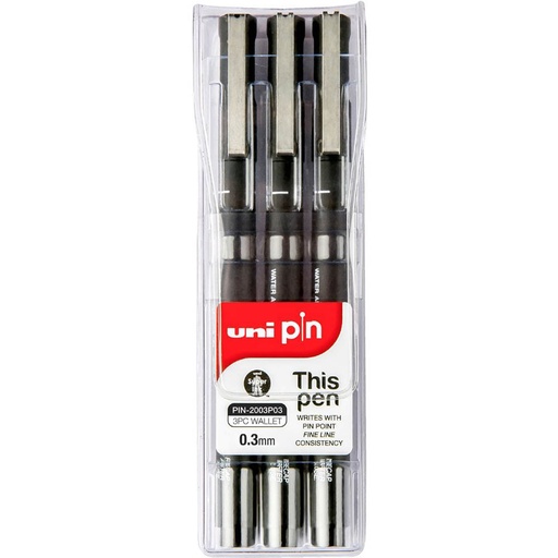 [48619] Uni‑Ball 200 PIN Fineliner Pen 0.3 mm – Wallet of 3 (Black)