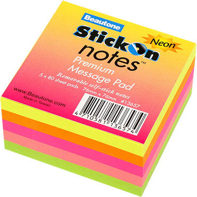 [13657] Stick-On Sticky Notes 76 × 76 mm – Neon Assorted (80 Sheets, Single Pad)