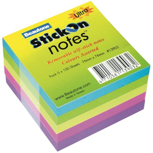 [7032402] Stick-On Ultra Sticky Notes 76 × 76 mm – Neon Assorted (100 Sheets, Single Pad)