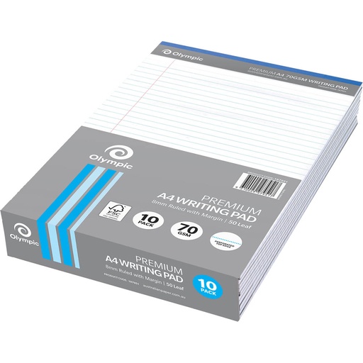 [59134] Olympic Premium Writing Pad – A4 (210 × 297 mm), 70gsm, 8 mm Ruled, White — Pack of 10
