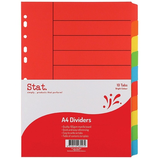[GN48027] Stat A4 Manilla Dividers – 10 Tab Bright Assorted